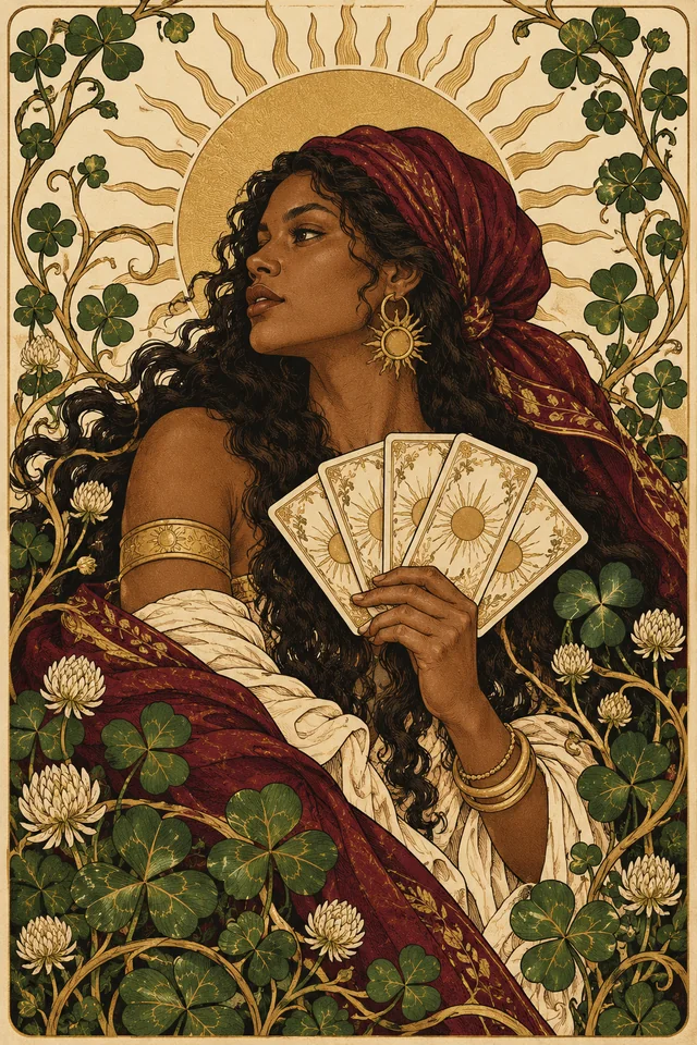 Mulher brasileira com lenço e cartas entre trevos