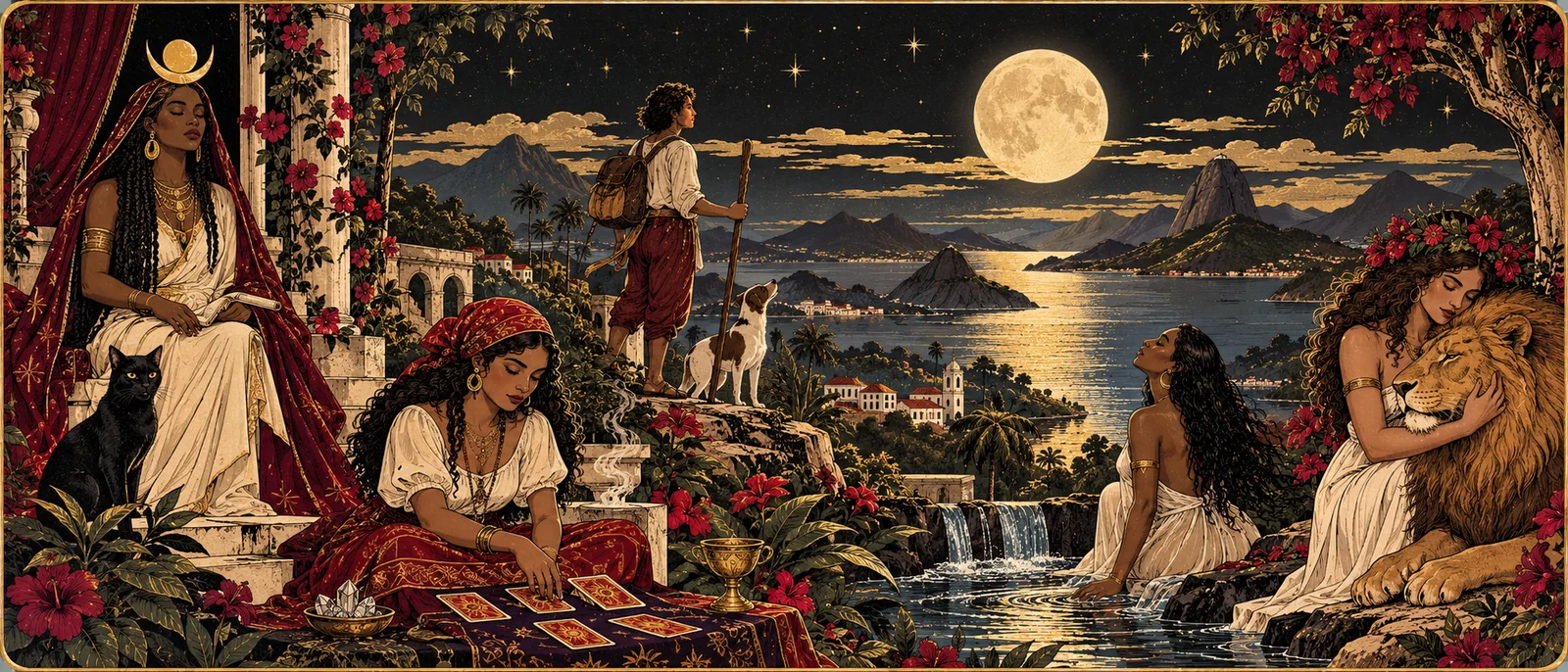 Jardim noturno com arcanos brasileiros diversos, lua, montanhas e água